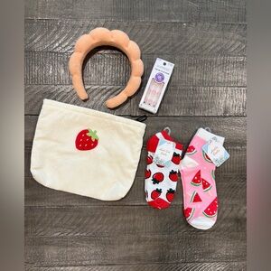 Self Care Beauty Bundle – Cosmetic Bag, Socks, Press-On Nails & Spa Headband NWT